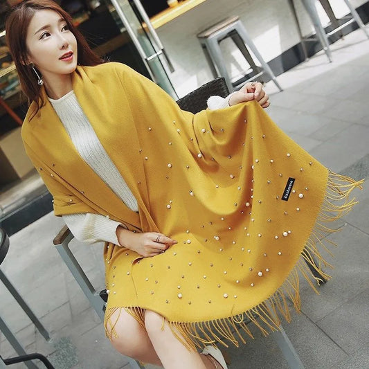 Cashmere Pearl Embroidery Women's Tassel Shawl My Store