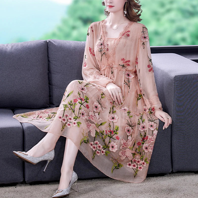 ZUOMAN New 2024 Fashion Runway Summer Dress Women's Flare Sleeve Floral Embroidery Elegant Mesh Hollow Out Midi Dresses Mood Royal