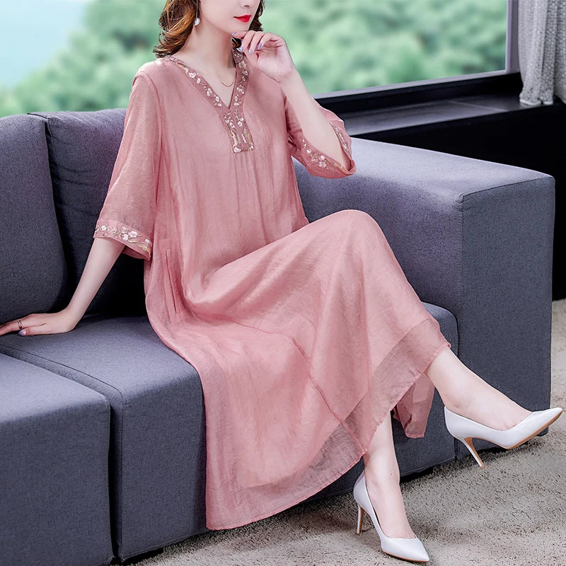 2024 New Cotton Embroidery Loose Large Hem Women's Dress Simple Korean Stitching Three-quarter Sleeve Women Clothes Mood Royal