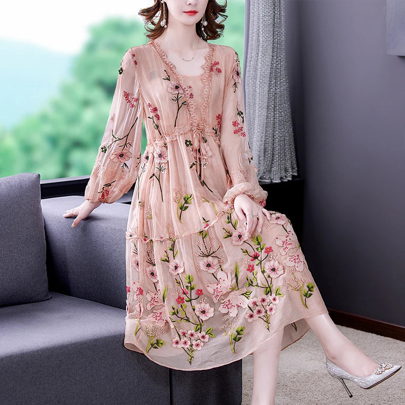 ZUOMAN New 2024 Fashion Runway Summer Dress Women's Flare Sleeve Floral Embroidery Elegant Mesh Hollow Out Midi Dresses Mood Royal