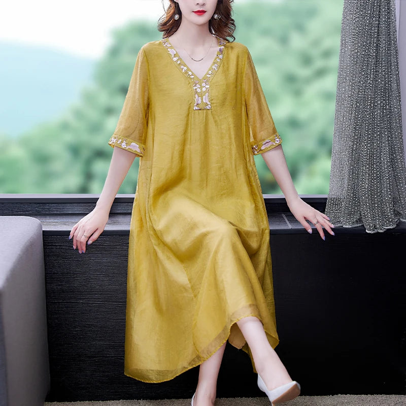 2024 New Cotton Embroidery Loose Large Hem Women's Dress Simple Korean Stitching Three-quarter Sleeve Women Clothes Mood Royal