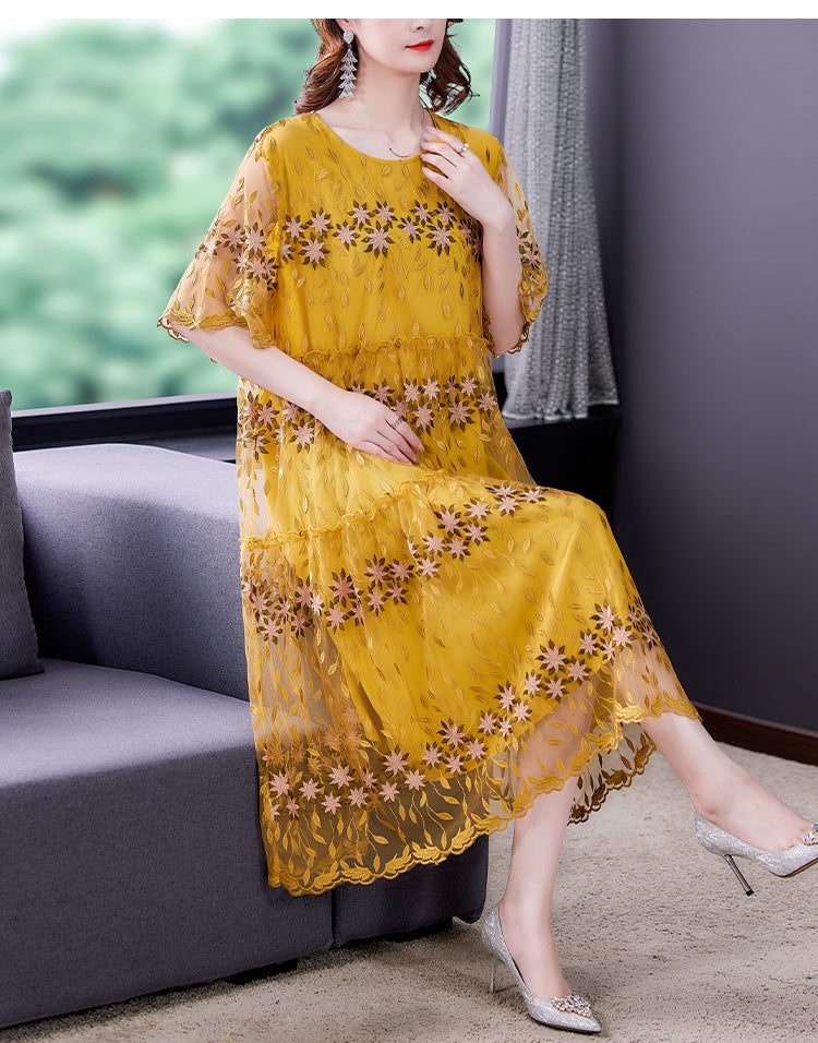 Women Blue Silk Embroidery Casual Long Dress Summer Boho Elegant Loose Luxury Dress 2024 Korean Fashion New Features of Dresses Mood Royal