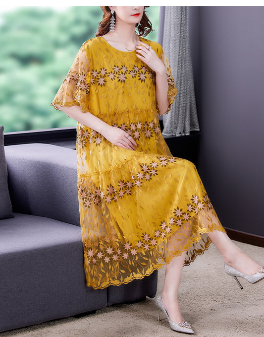 Women Blue Silk Embroidery Casual Long Dress Summer Boho Elegant Loose Luxury Dress 2024 Korean Fashion New Features of Dresses Mood Royal