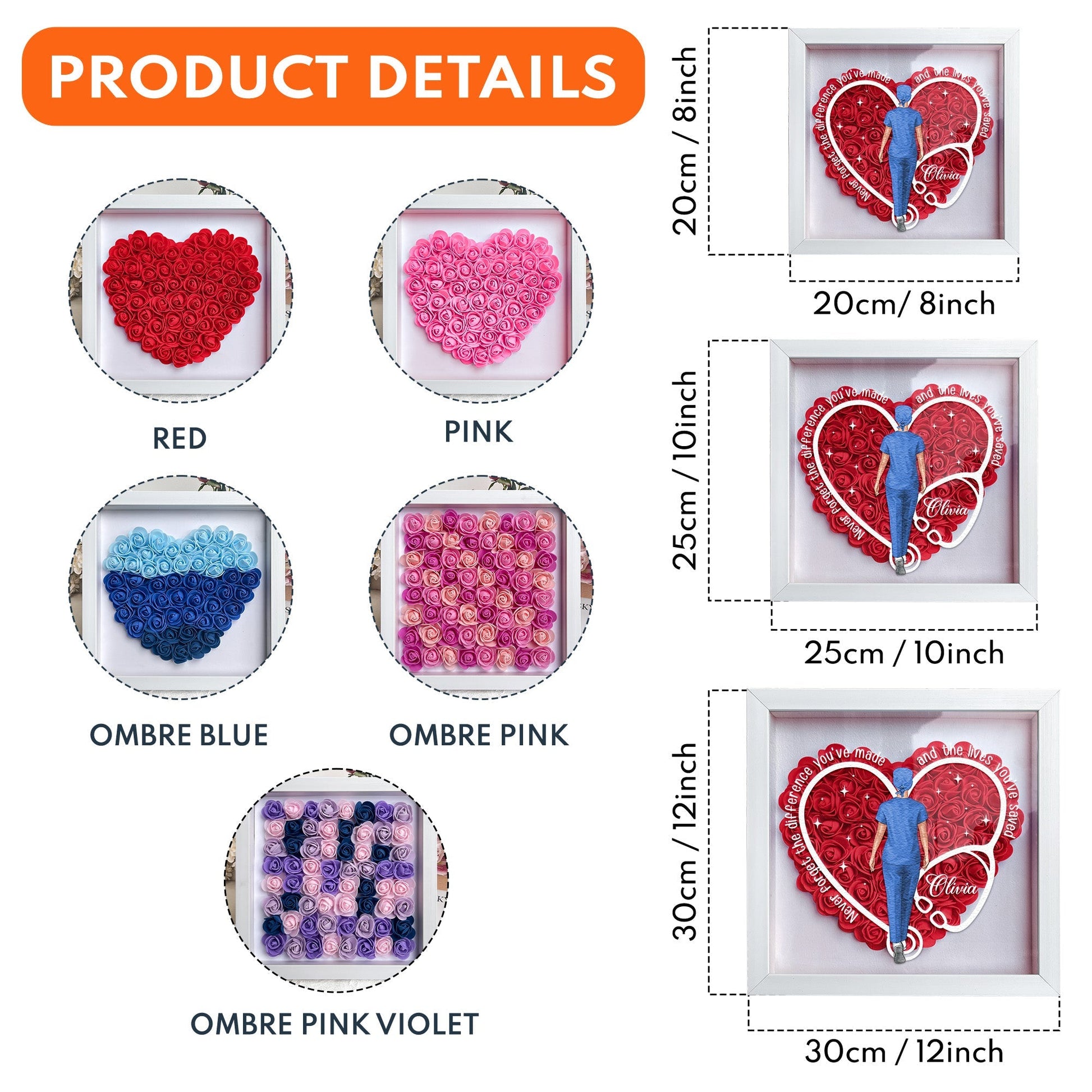 Flower shadow box product details with sizes and color options for nurses and doctors, MDF wood frame.