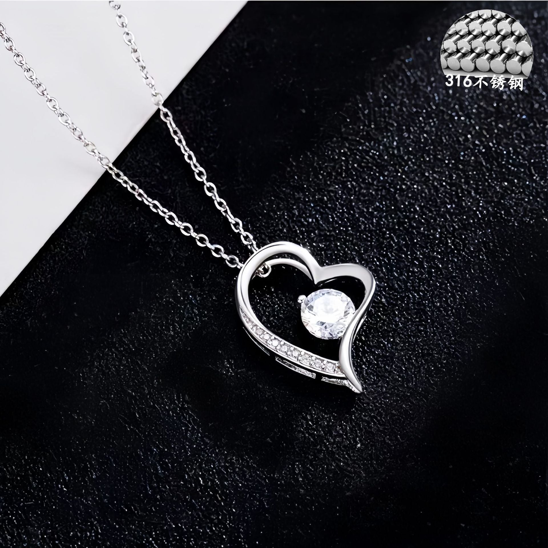 Cross-border Amazon Hot-selling Stainless Steel Heart-shaped Pendant Necklace For Women With Versatile High-end Feel, Colorless Collarbone Necklace Decoration