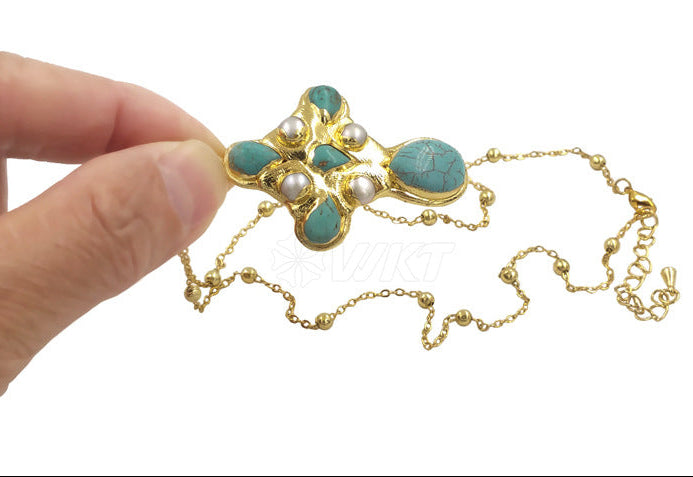 WT-JN297 Court Style Retro Turquoise Pearl Inlaid Pendant 18k Gold-plated Necklace Senior Clothes Accessories Mood Royal