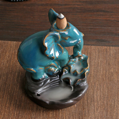Cross-border Ceramic Elephant Blue Backflow Incense Burner Home Indoor Tea Table Incense Holder Lotus Decoration American Incense Holder Wholesale