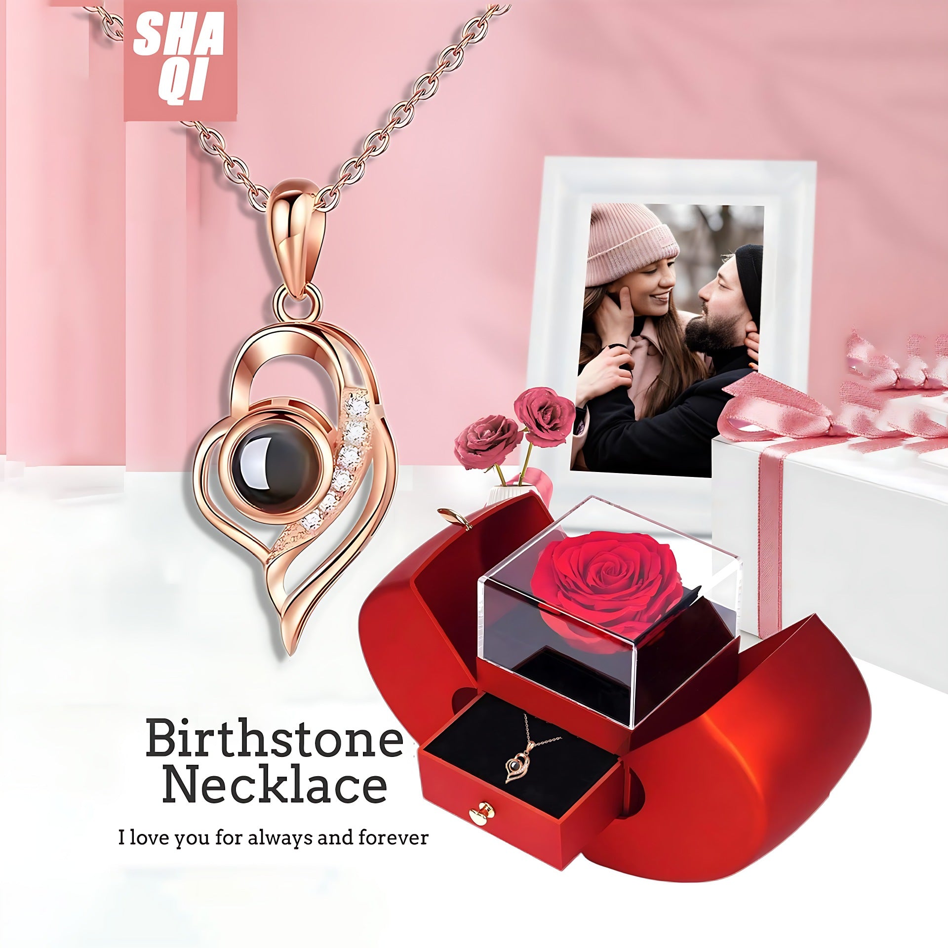 Cross-border European And American Explosions 100 Languages I Love You Soft Heart-shaped Pendant Classic Memory Projection Stone Necklace Women