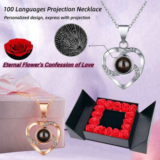 Cross-border Explosions 100 Languages Heart-shaped Pendant Clavicle Chain Fashion High-end Jewelry Love Projection Necklace Women