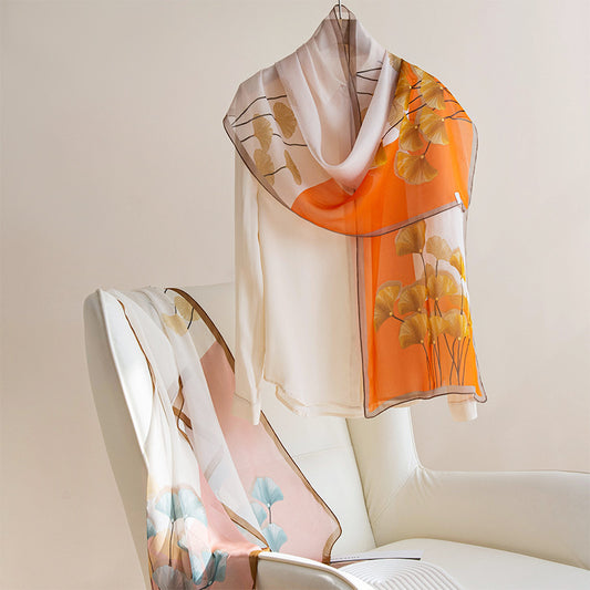 Mulberry Silk Scarf Long Scarf Elegant All-match Silk Printed Scarf Simple Korean Style Vintage Shawl Scarf