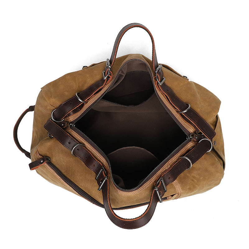 Classic Waxed Canvas Travel Bag European And American Solid Color Outdoor Shoulder Bag Storage Bag Wear-resistant Crazy Horse Leather