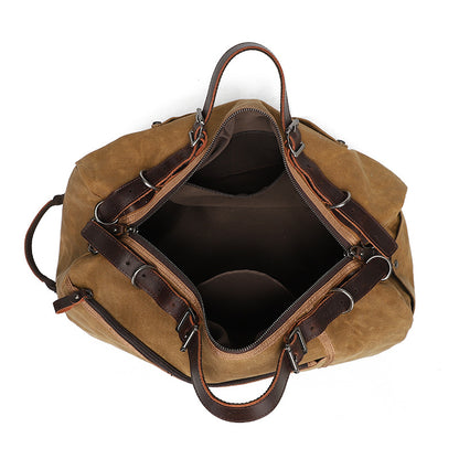 Classic Waxed Canvas Travel Bag European And American Solid Color Outdoor Shoulder Bag Storage Bag Wear-resistant Crazy Horse Leather