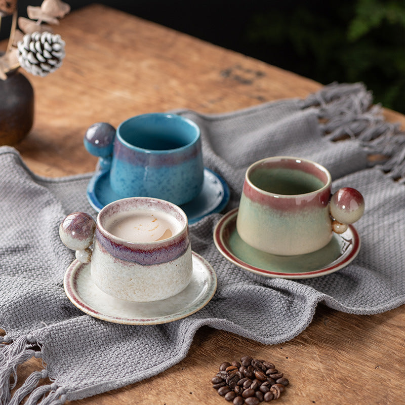 Creative Ceramic Coffee Cup And Saucer Set Ball Mug Retro Kiln Change Water Cup Afternoon Tea Coarse Ceramic Cup
