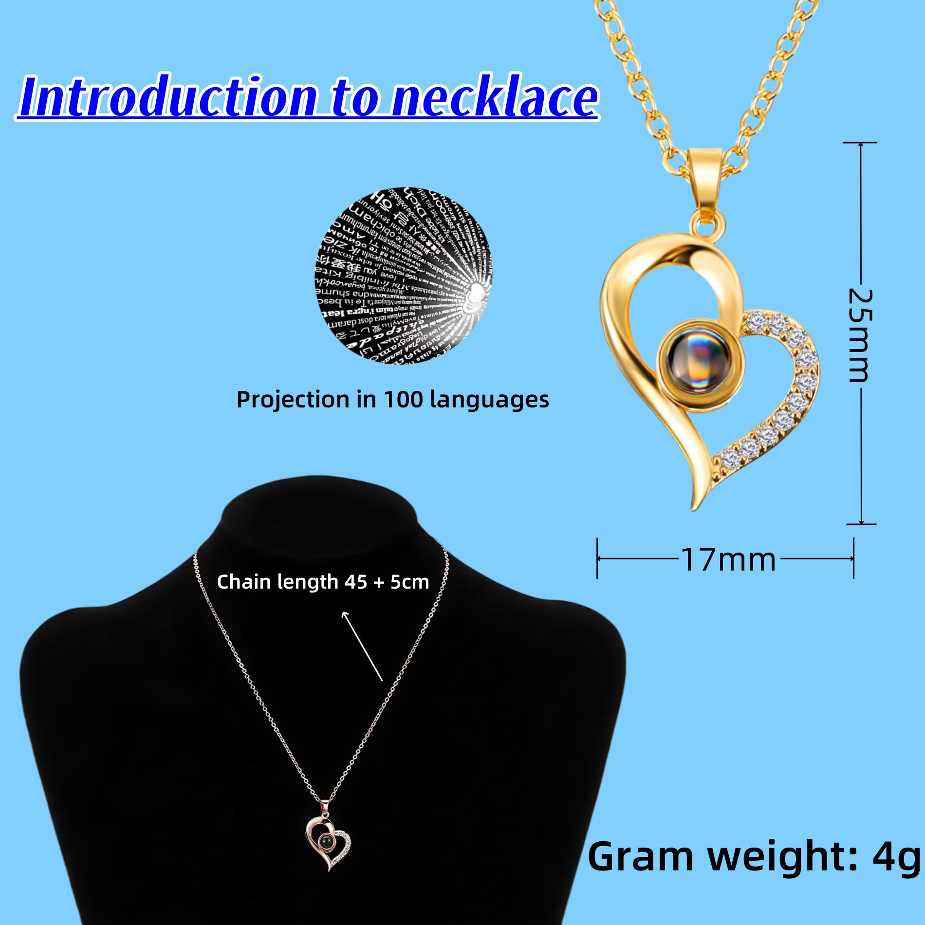 Cross Border Hot Sale 100 Languages Love Pendant Nis Fashion Women's Clavicle Chain High Sense Heart Shaped Projection Necklace