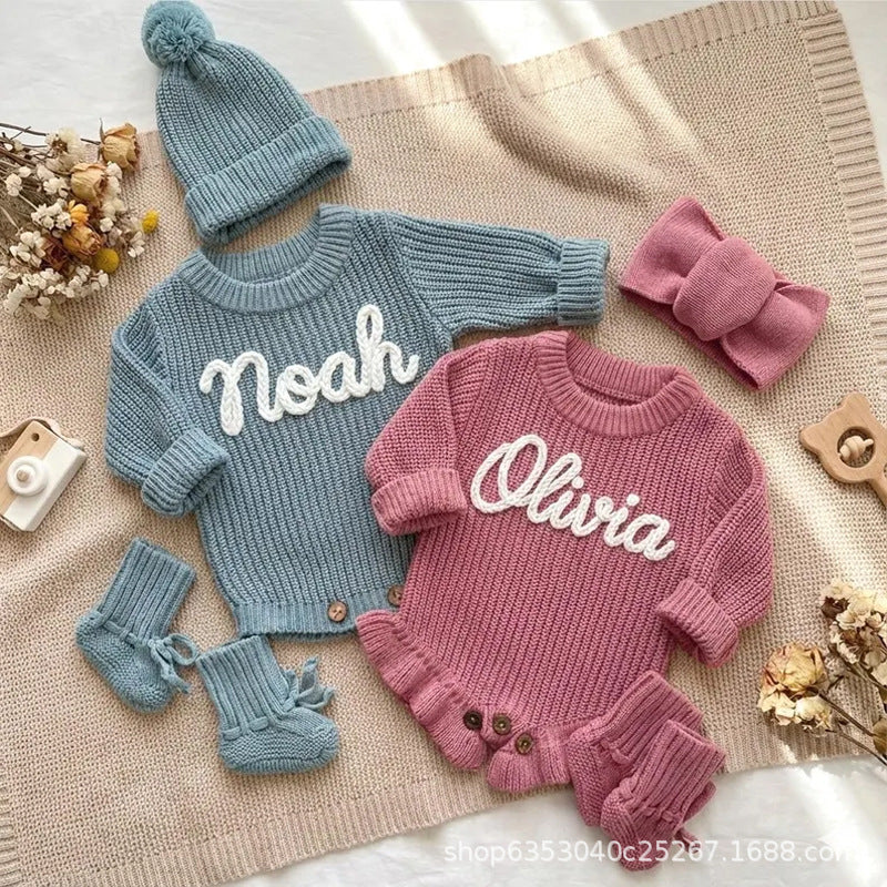 Cross-border Custom-made Alphabet Baby Autumn Warm Jumpsuit Hafu Knitted Sweater Romper Suit For Infants, Boys And Girls
