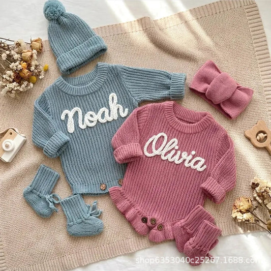 Cross-border Custom-made Alphabet Baby Autumn Warm Jumpsuit Hafu Knitted Sweater Romper Suit For Infants, Boys And Girls