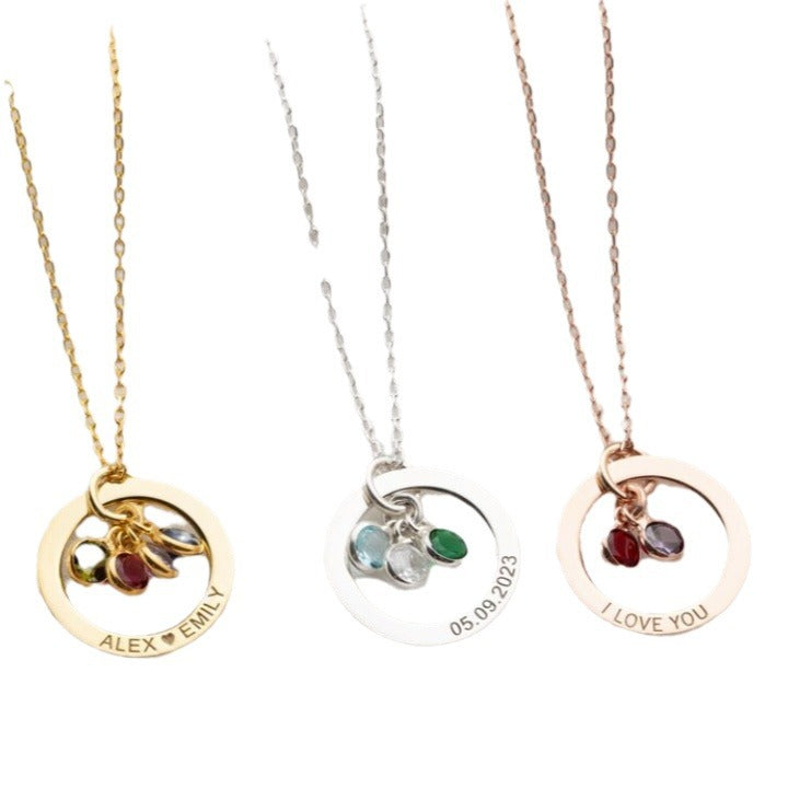 Personalized Gold Birthstone Necklace Women&#039;s Name Necklace With Birthstone Round Necklace Engraved Message