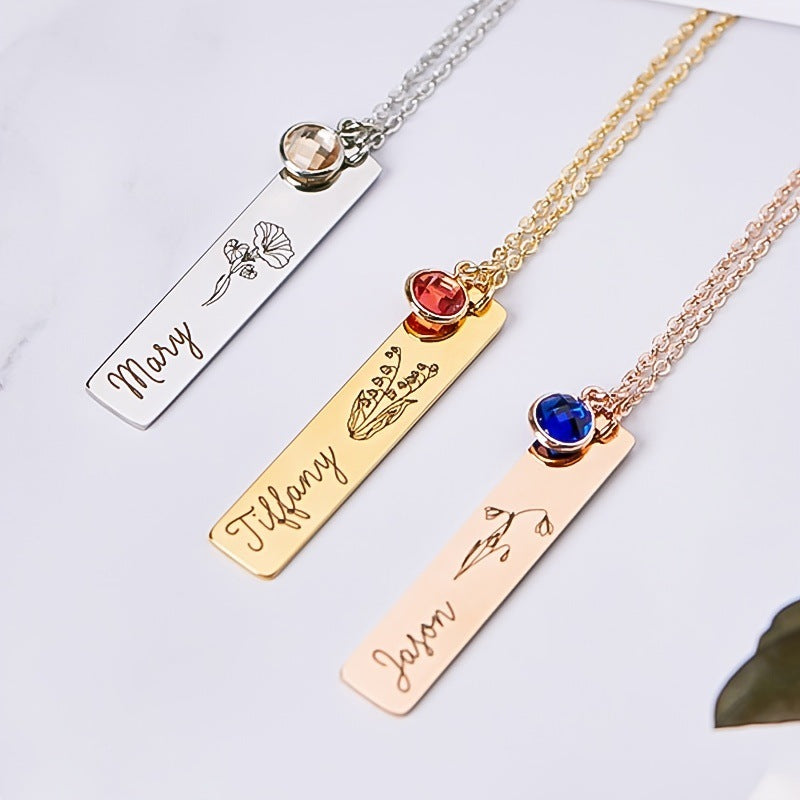 Personalized Name Birthstone Long Strip Lettering Necklace Temperament Simple DIY Stainless Steel Clavicle Chain