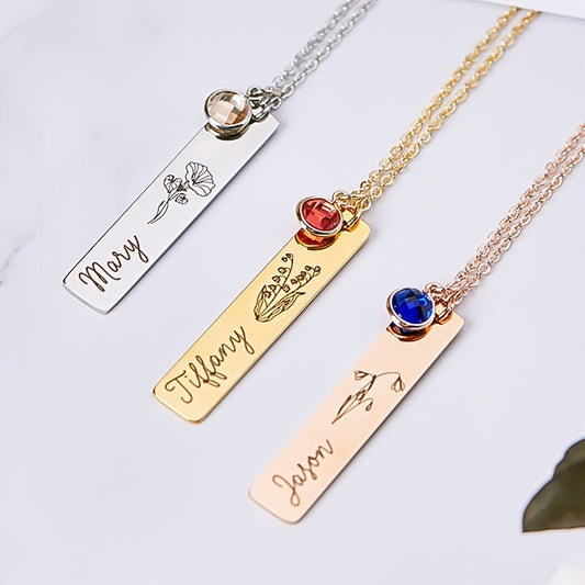 Personalized Name Birthstone Long Strip Lettering Necklace Temperament Simple DIY Stainless Steel Clavicle Chain