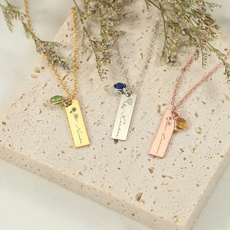 Personalized Name Birthstone Long Strip Lettering Necklace Temperament Simple DIY Stainless Steel Clavicle Chain