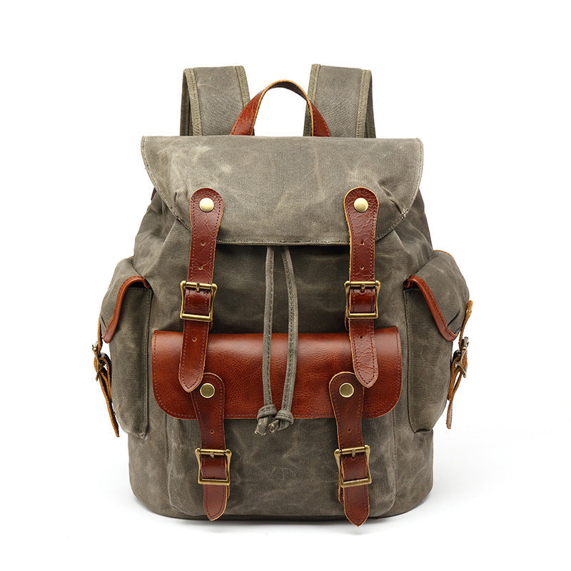 Backpack Men's Outdoor Backpack Sports Travel Bag Mountaineering Computer Student Schoolbag Waxed With Red And Brown Top Leather