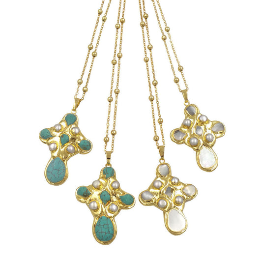 WT-JN297 Court Style Retro Turquoise Pearl Inlaid Pendant 18k Gold-plated Necklace Senior Clothes Accessories