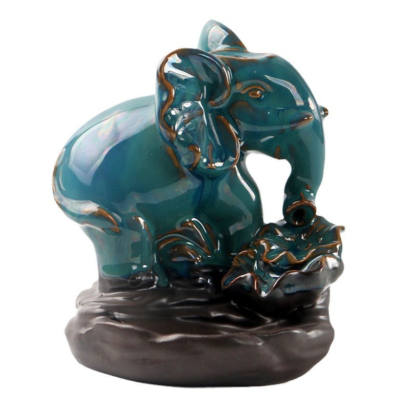 Cross-border Ceramic Elephant Blue Backflow Incense Burner Home Indoor Tea Table Incense Holder Lotus Decoration American Incense Holder Wholesale