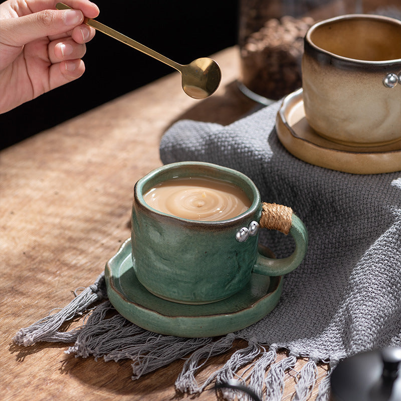 Wabi-Sabi Style Rustic Ceramic Coffee Cup And Saucer Set, Vintage Ceramic Cup, Cross-Border Mug, Japanese-Style Distressed Afternoon Tea Cup