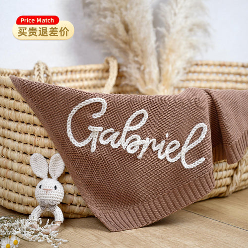 AliExpress Wish Cross-border Custom Name Children's Blanket Embroidered Logo Pure Cotton Knitted Baby Carriage Blanket Gift