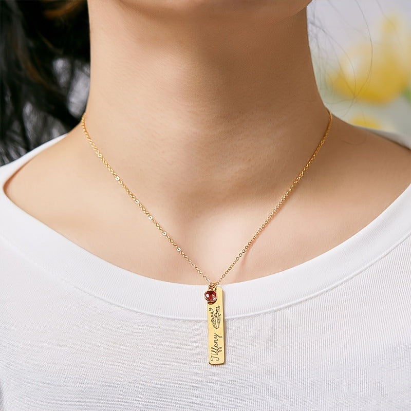 Personalized Name Birthstone Long Strip Lettering Necklace Temperament Simple DIY Stainless Steel Clavicle Chain