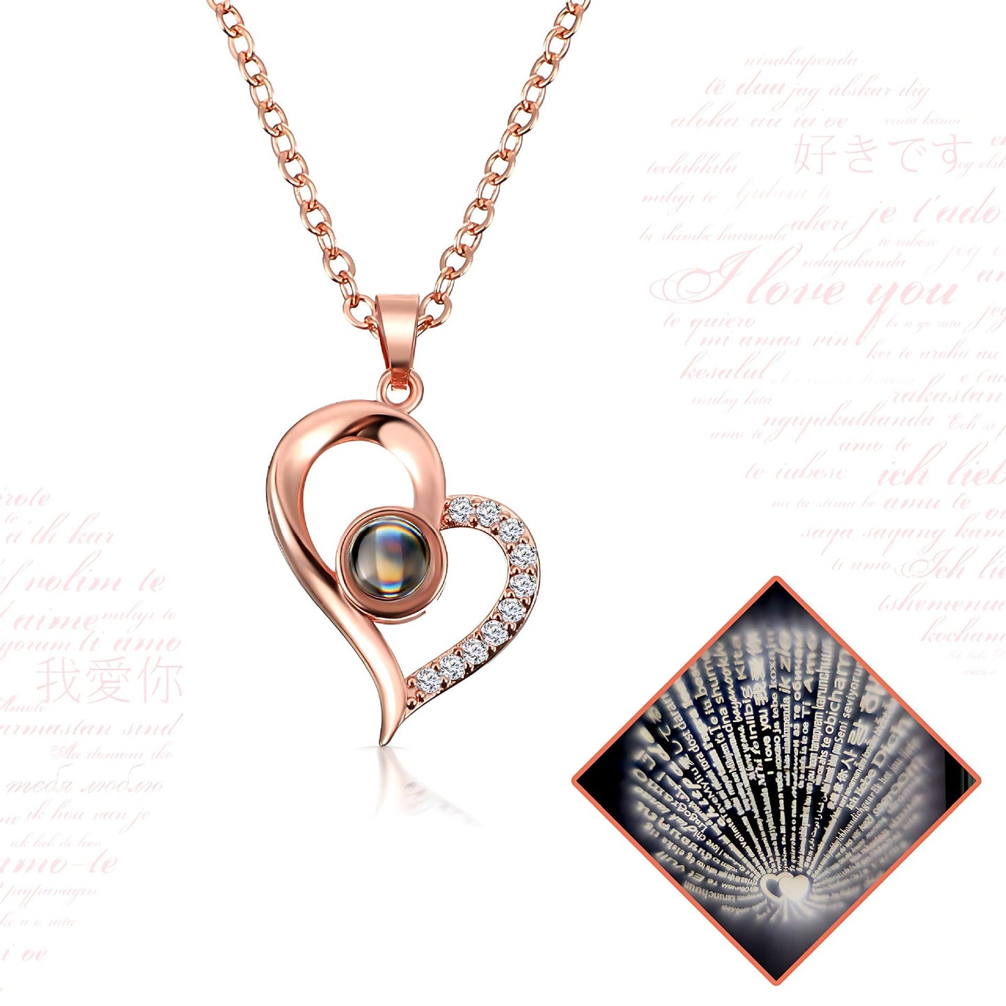 Cross Border Hot Sale 100 Languages Love Pendant Nis Fashion Women's Clavicle Chain High Sense Heart Shaped Projection Necklace Mood Royal