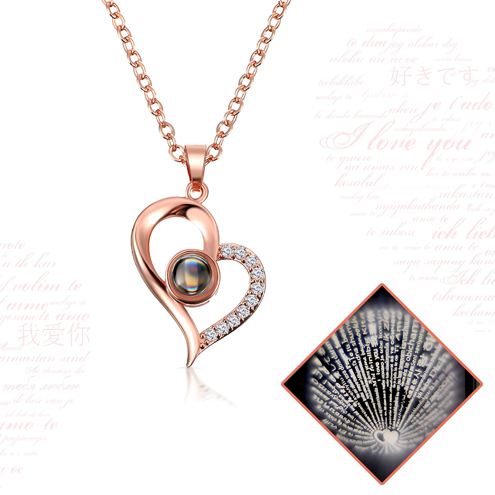 Cross Border Hot Sale 100 Languages Love Pendant Nis Fashion Women's Clavicle Chain High Sense Heart Shaped Projection Necklace Mood Royal