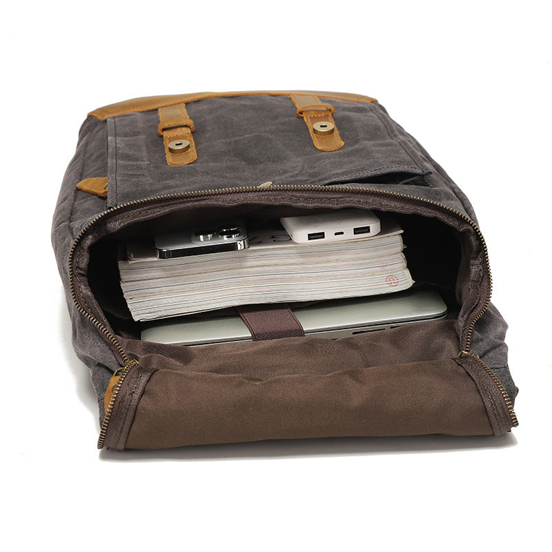 Backpack Retro Backpack Travel Bag Outdoor Student Schoolbag Sports Wax Water-repellent Canvas Travel Bag Genuine Leather