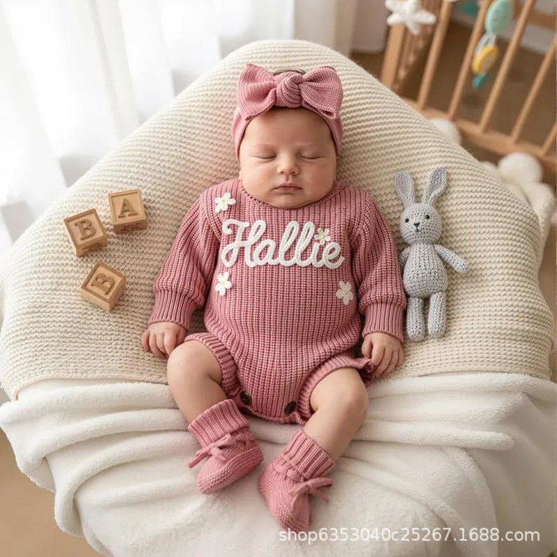Cross-border Custom-made Alphabet Baby Autumn Warm Jumpsuit Hafu Knitted Sweater Romper Suit For Infants, Boys And Girls