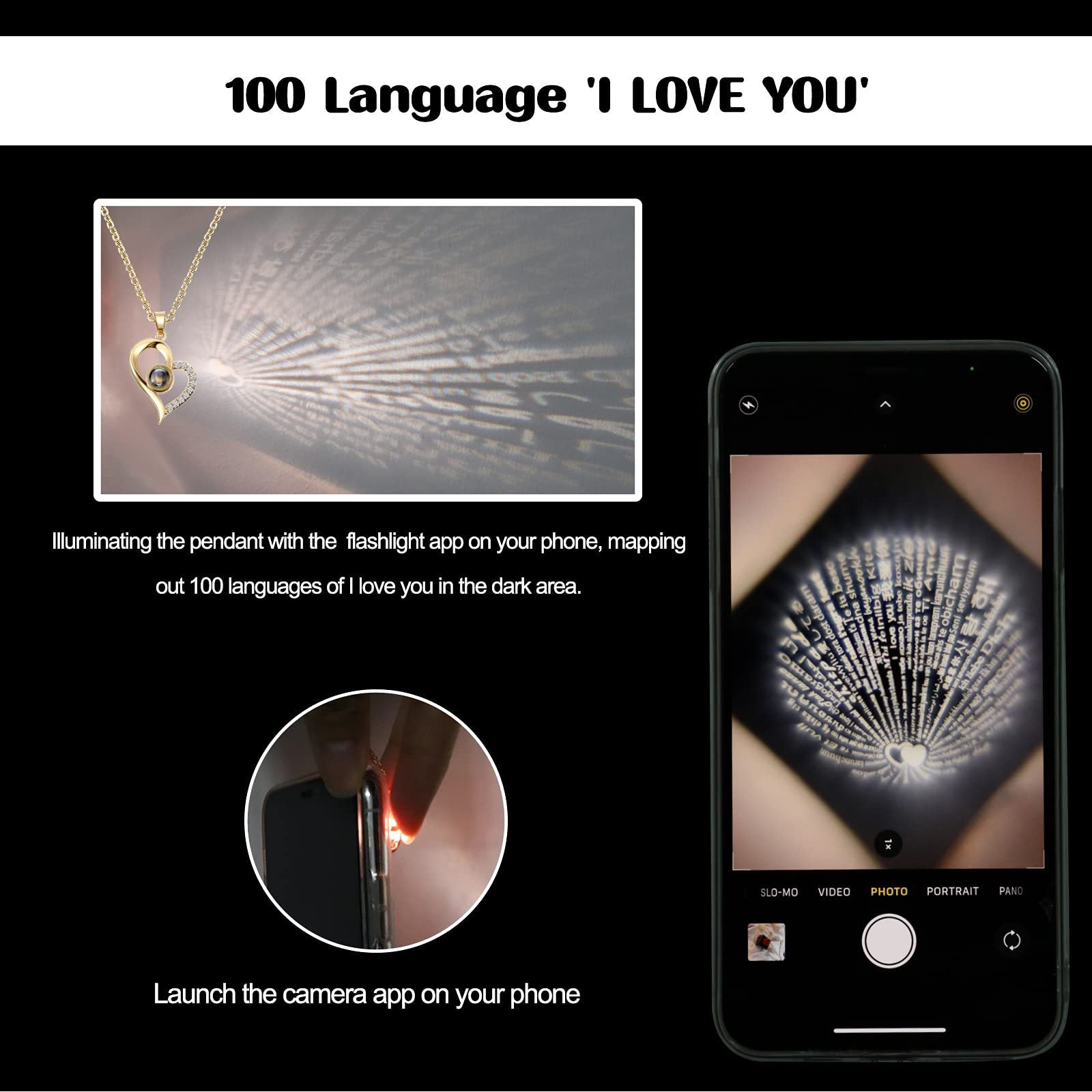 Cross Border Hot Sale 100 Languages Love Pendant Nis Fashion Women's Clavicle Chain High Sense Heart Shaped Projection Necklace Mood Royal