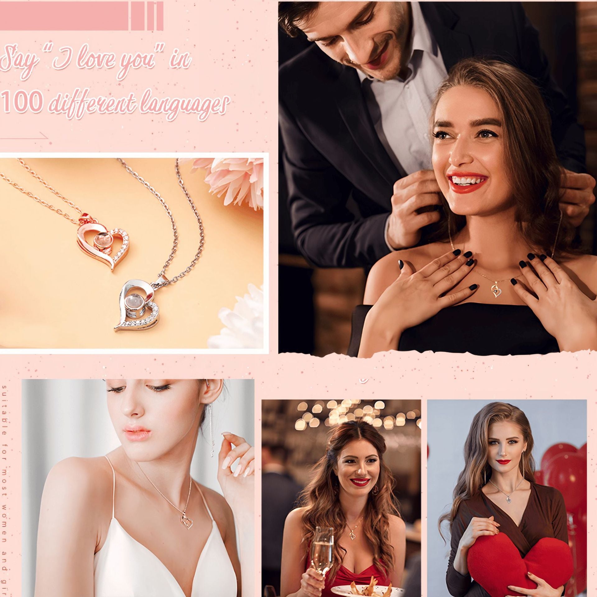 Cross Border Hot Sale 100 Languages Love Pendant Nis Fashion Women's Clavicle Chain High Sense Heart Shaped Projection Necklace