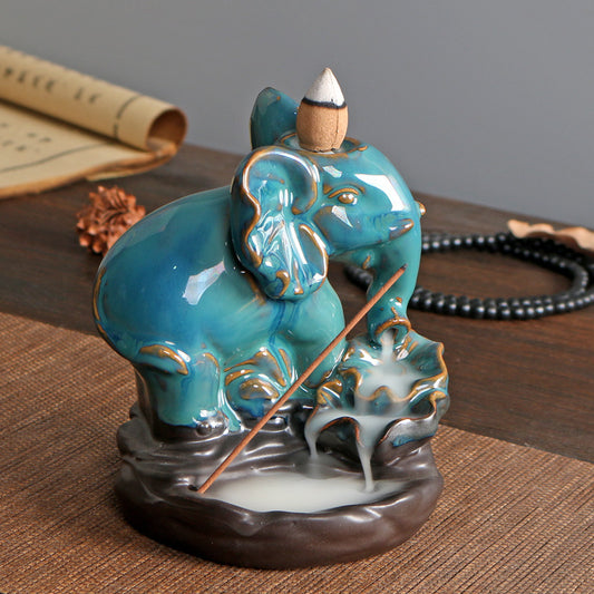 Cross-border Ceramic Elephant Blue Backflow Incense Burner Home Indoor Tea Table Incense Holder Lotus Decoration American Incense Holder Wholesale