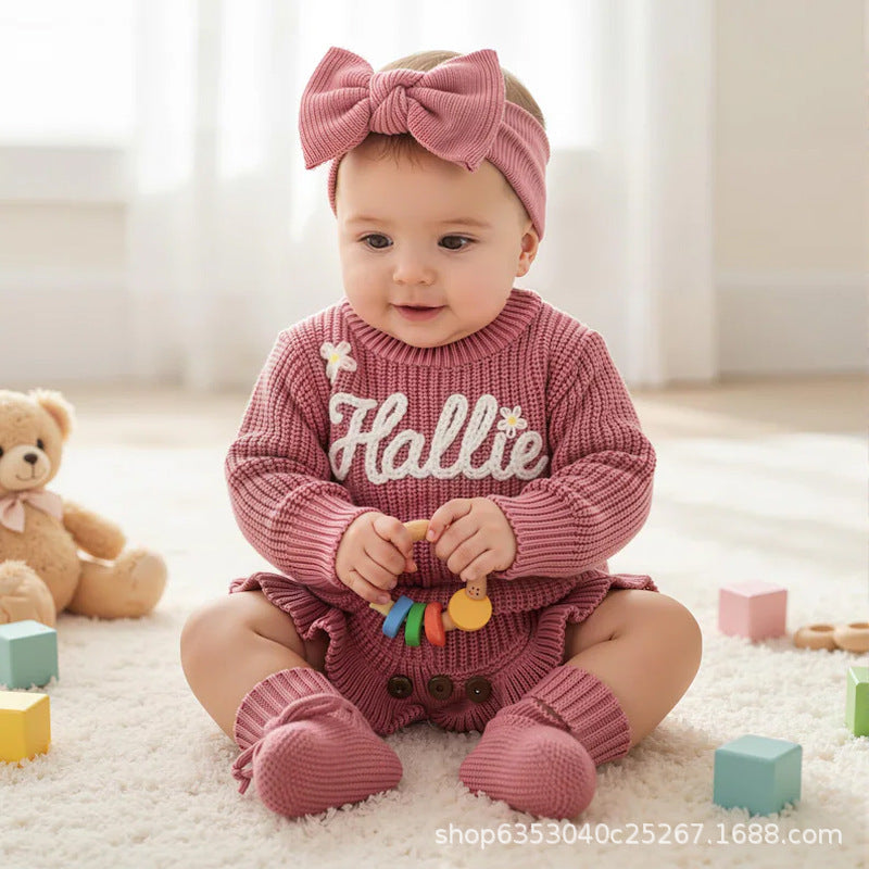 Cross-border Custom-made Alphabet Baby Autumn Warm Jumpsuit Hafu Knitted Sweater Romper Suit For Infants, Boys And Girls