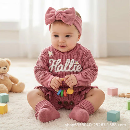 Cross-border Custom-made Alphabet Baby Autumn Warm Jumpsuit Hafu Knitted Sweater Romper Suit For Infants, Boys And Girls