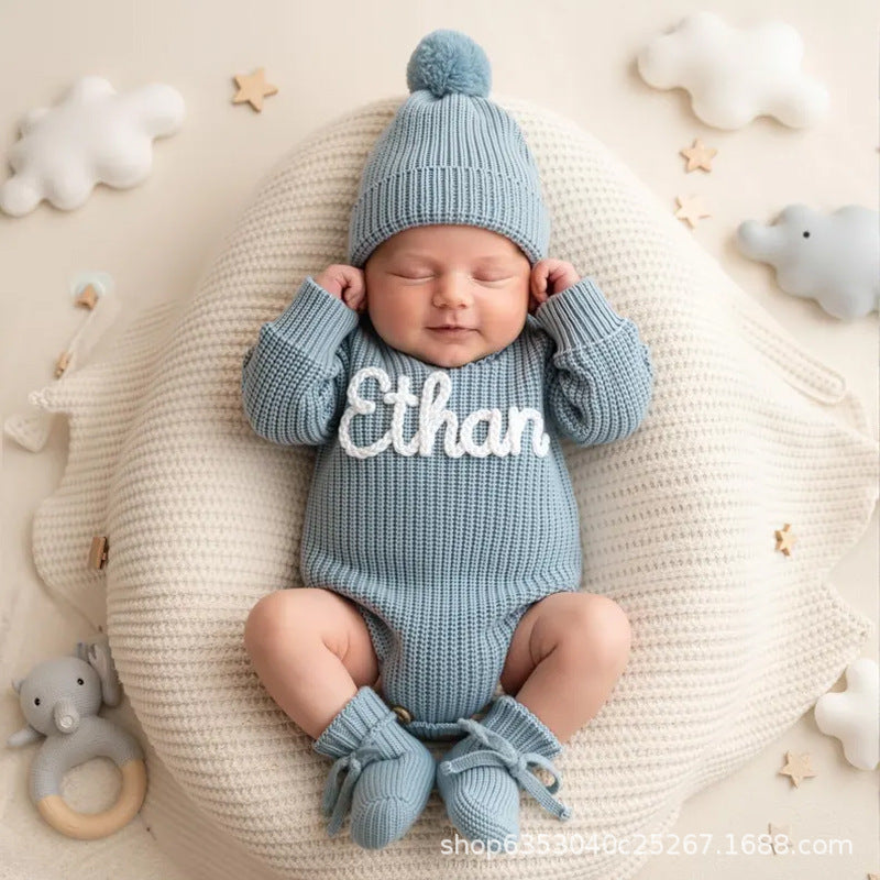 Cross-border Custom-made Alphabet Baby Autumn Warm Jumpsuit Hafu Knitted Sweater Romper Suit For Infants, Boys And Girls