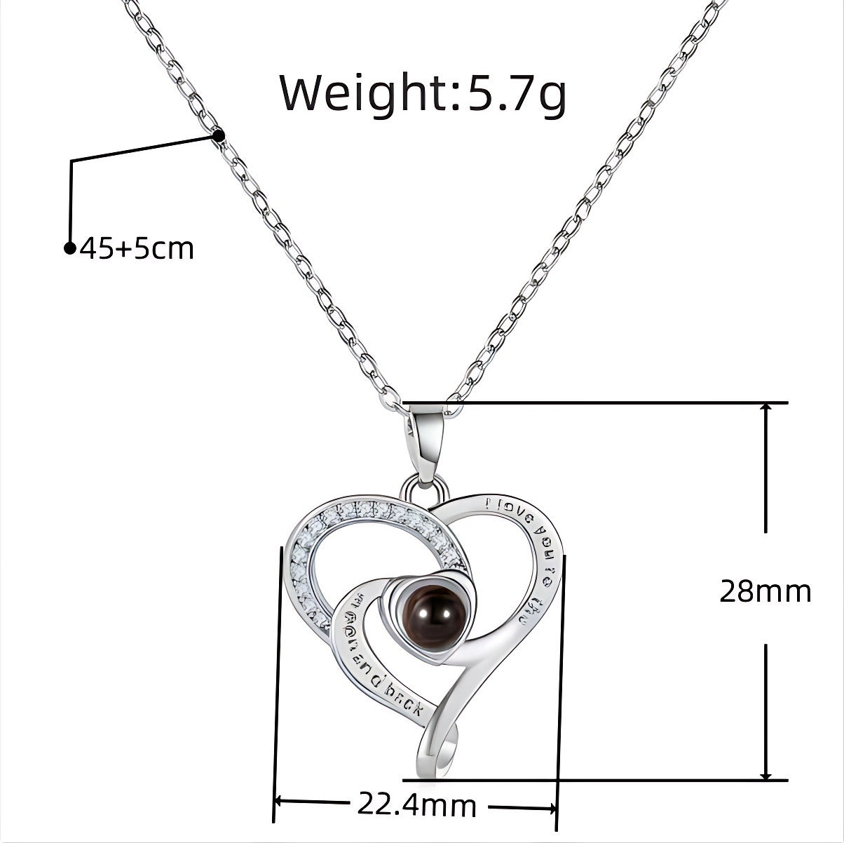 100 Languages ​​in Europe And America I Love You Heart-shaped Projection Stone Pendant Fashion Classic Memory Love Necklace For Women