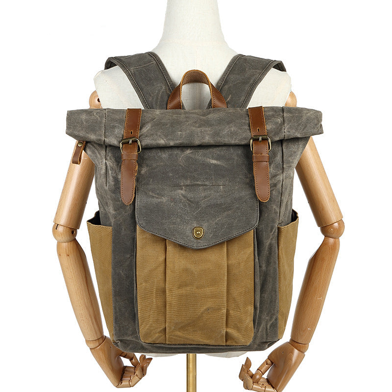 Backpack Retro Men's Travel Backpack Travel Student Bag Outdoor Oil Wax Water-repellent Canvas With Crazy Horse Leather