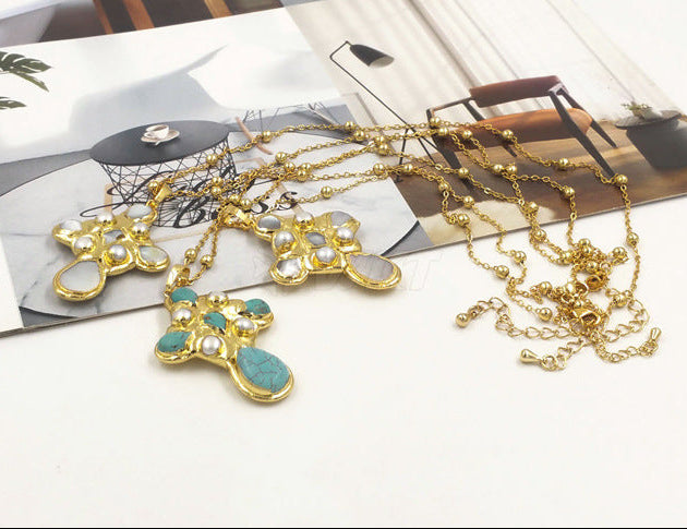 WT-JN297 Court Style Retro Turquoise Pearl Inlaid Pendant 18k Gold-plated Necklace Senior Clothes Accessories Mood Royal