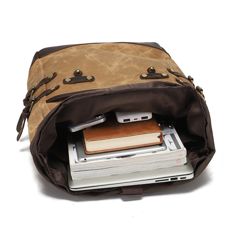 Travel Backpack Student Outdoor Backpack With Crazy Horse Leather Retro Travel Bag Water-repellent Oil Wax Canvas Large Capacity