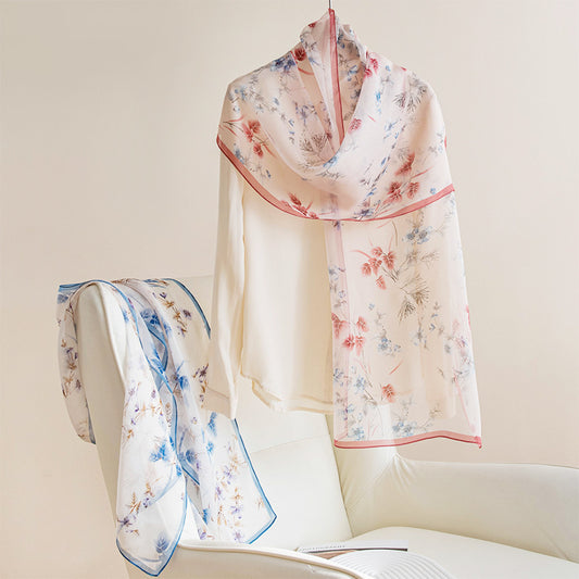 100% Mulberry Silk Long Scarf 2025 Four Seasons Guofeng Branches And Leaves Figure Printed Thin Scarf High-grade Women's Scarf
