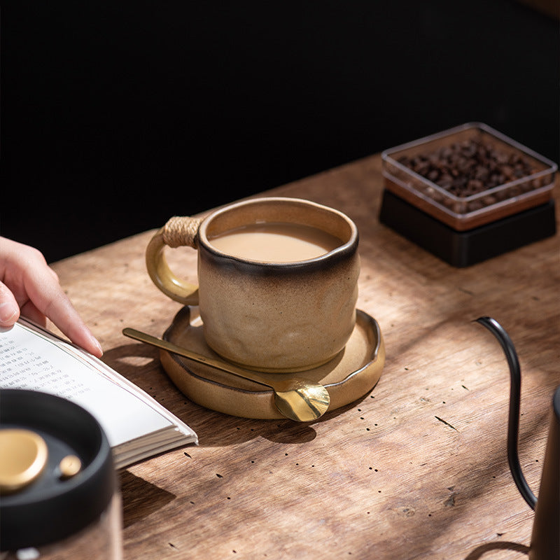 Wabi-Sabi Style Rustic Ceramic Coffee Cup And Saucer Set, Vintage Ceramic Cup, Cross-Border Mug, Japanese-Style Distressed Afternoon Tea Cup