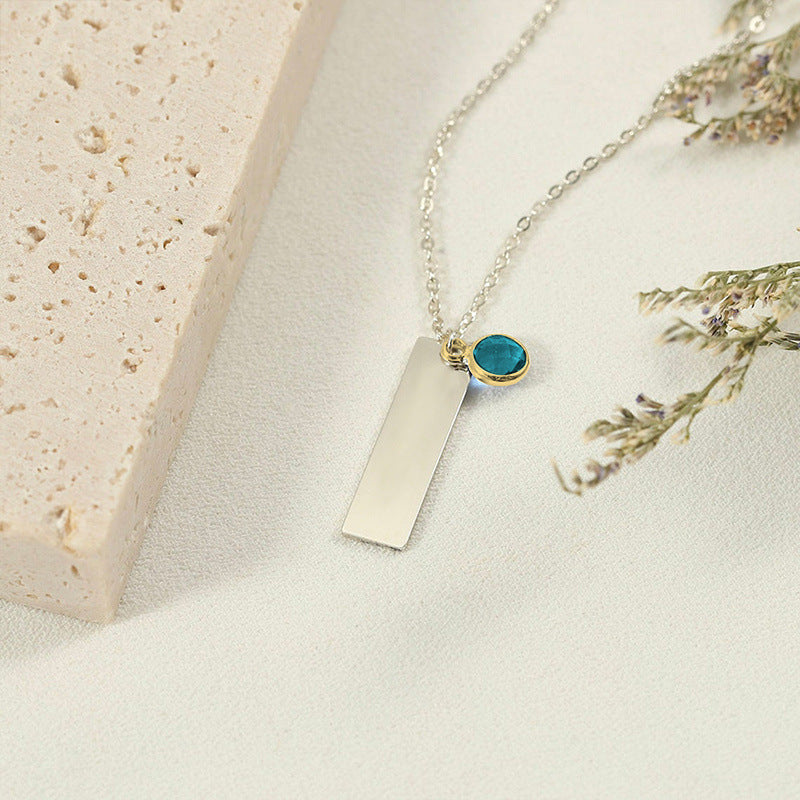 Personalized Name Birthstone Long Strip Lettering Necklace Temperament Simple DIY Stainless Steel Clavicle Chain