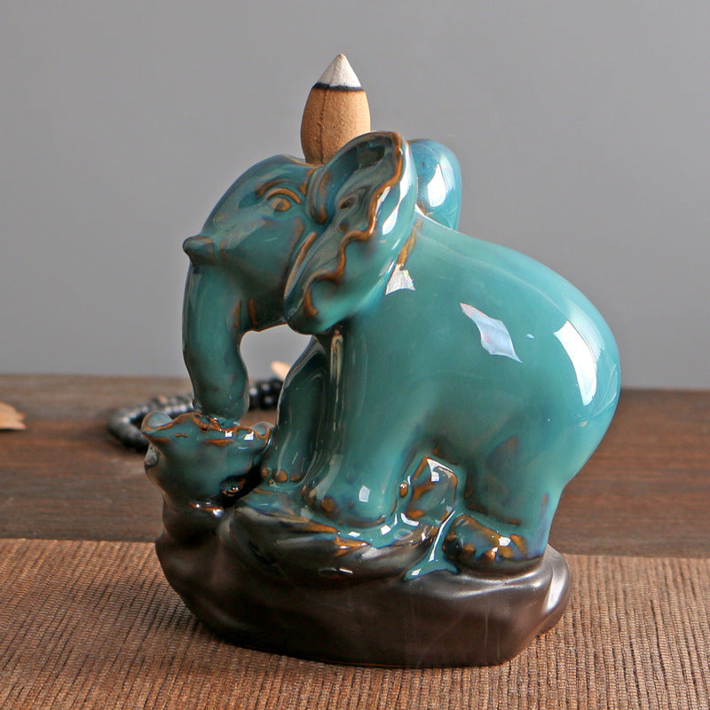 Cross-border Ceramic Elephant Blue Backflow Incense Burner Home Indoor Tea Table Incense Holder Lotus Decoration American Incense Holder Wholesale