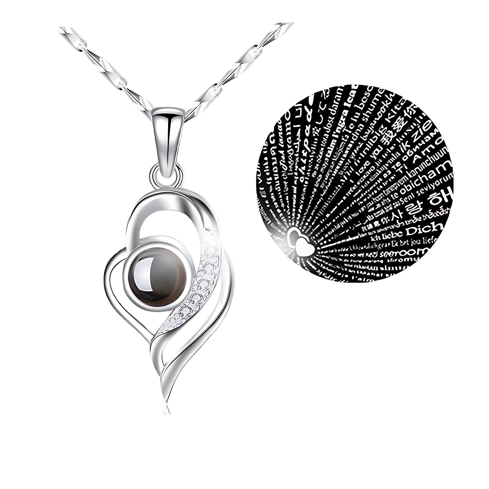 Cross-border European And American Explosions 100 Languages I Love You Soft Heart-shaped Pendant Classic Memory Projection Stone Necklace Women