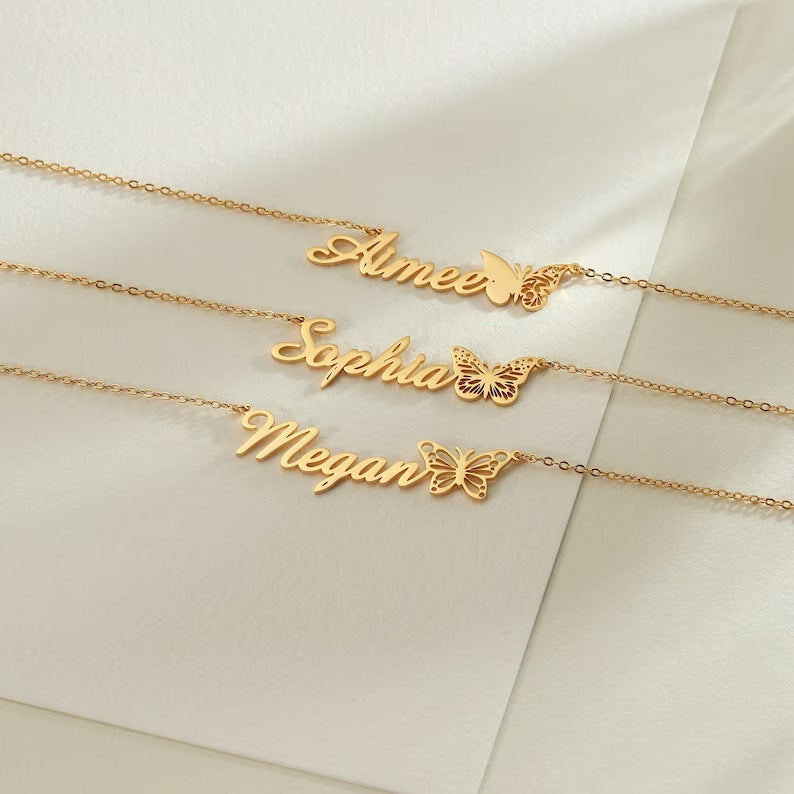 Personalized Name Butterfly Letter Necklace Old English Necklace Name